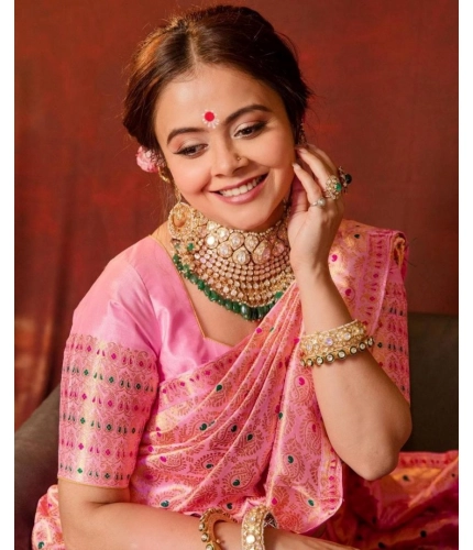 Women's Soft Lichi Silk Printed Saree With Unstitched Blouse 5.5Mtr (Pink) Women's Soft Lichi Silk Printed Saree With Unstitched Blouse 5.5Mtr (Pink)
