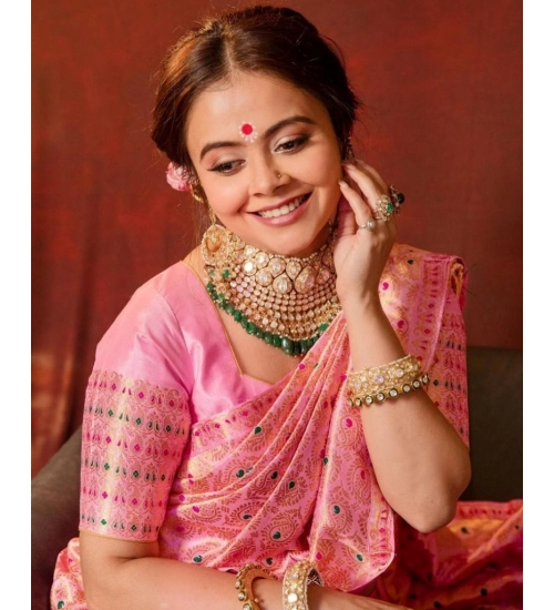 Women's Soft Lichi Silk Printed Saree With Unstitched Blouse 5.5Mtr (Pink) Women's Soft Lichi Silk Printed Saree With Unstitched Blouse 5.5Mtr (Pink)