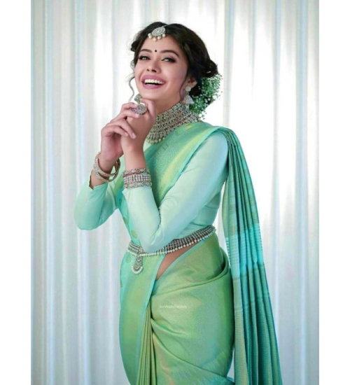 Women's Soft Lichi Silk Printed Saree With Unstitched Blouse 5.5Mtr (Light Green)