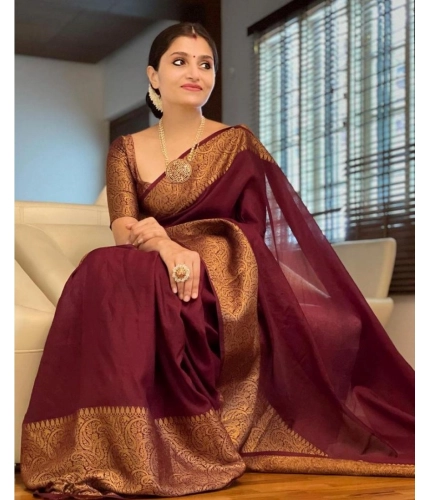 Women's Soft Lichi Silk Solid Saree With Unstitched Blouse 5.5Mtr (Maroon)