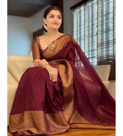 Women's Soft Lichi Silk Solid Saree With Unstitched Blouse 5.5Mtr (Maroon)