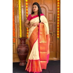 Women's Soft Lichi Silk Printed Saree With Unstitched Blouse 5.5Mtr (Cream)
