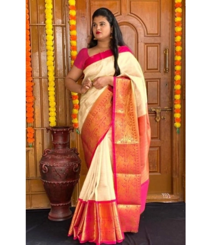 Women's Soft Lichi Silk Printed Saree With Unstitched Blouse 5.5Mtr (Cream)