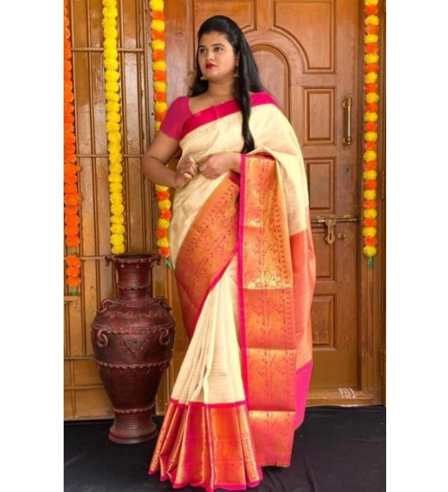 Women's Soft Lichi Silk Printed Saree With Unstitched Blouse 5.5Mtr (Cream)