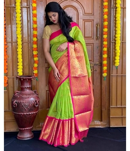 Women's Soft Lichi Silk Printed Saree With Unstitched Blouse 5.5Mtr (Green)