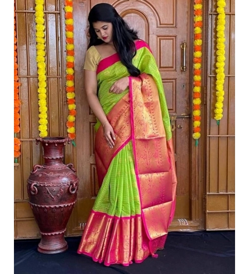 Women's Soft Lichi Silk Printed Saree With Unstitched Blouse 5.5Mtr (Green)