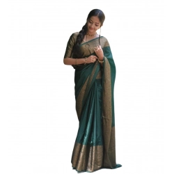 Women's Soft Lichi Silk Solid Saree With Unstitched Blouse 5.5Mtr (Green)