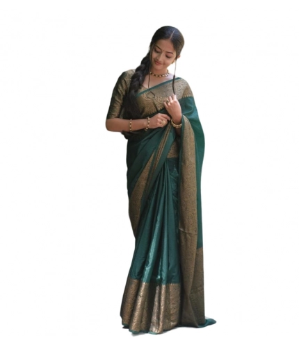 Women's Soft Lichi Silk Solid Saree With Unstitched Blouse 5.5Mtr (Green)