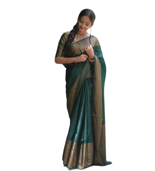 Women's Soft Lichi Silk Solid Saree With Unstitched Blouse 5.5Mtr (Green)