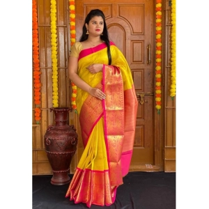 Generic Women's Soft Lichi Silk Printed Saree With Unstitched Blouse 5.5Mtr (Yellow)