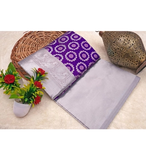 Women's Soft Lichi Silk Printed Saree With Unstitched Blouse 5.5Mtr (Purple)