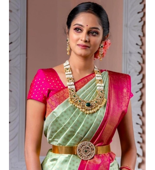 Women's Soft Lichi Silk Printed Saree With Unstitched Blouse 5.5Mtr (Light Green)