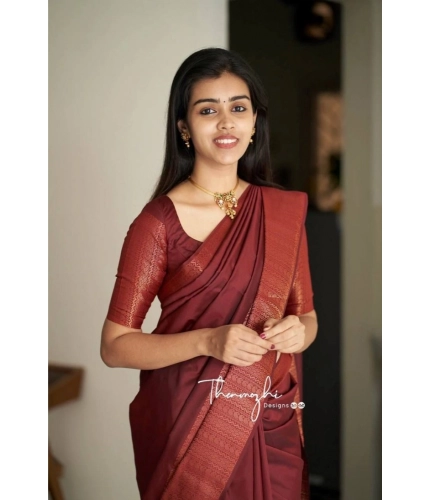 Women's Soft Lichi Silk Solid Saree With Unstitched Blouse 5.5Mtr (Maroon)