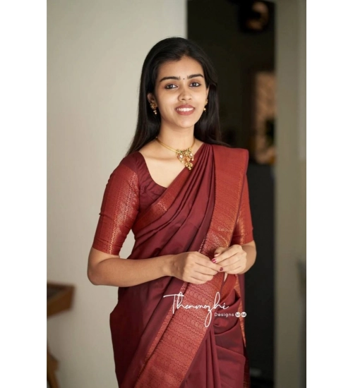 Women's Soft Lichi Silk Solid Saree With Unstitched Blouse 5.5Mtr (Maroon)