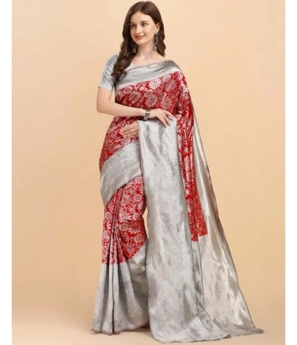 Women's Soft Lichi Silk Printed Saree With Unstitched Blouse 5.5Mtr (Red)