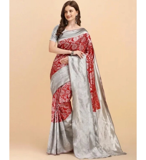Women's Soft Lichi Silk Printed Saree With Unstitched Blouse 5.5Mtr (Red)