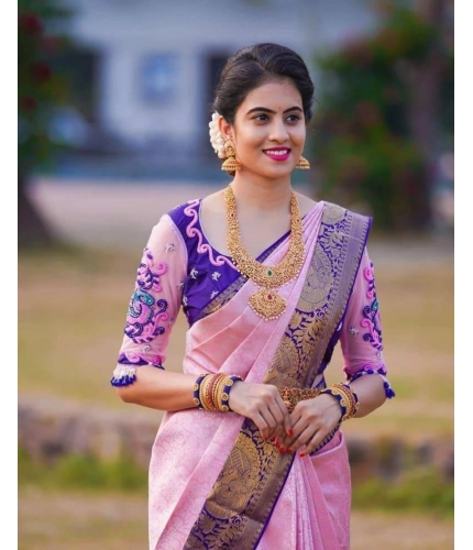 Women's Soft Lichi Silk Printed Saree With Unstitched Blouse 5.5Mtr (Purple)