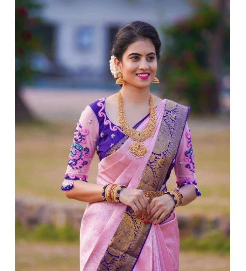 Women's Soft Lichi Silk Printed Saree With Unstitched Blouse 5.5Mtr (Purple)