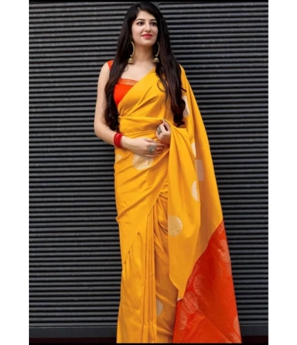 Women's Soft Lichi Silk Printed Saree With Unstitched Blouse 5.5Mtr (Yellow)