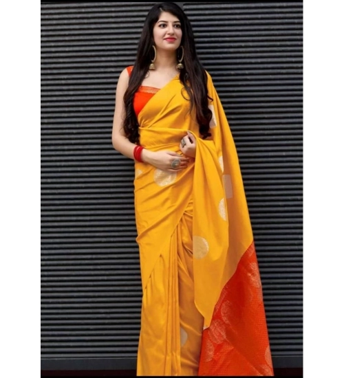 Women's Soft Lichi Silk Printed Saree With Unstitched Blouse 5.5Mtr (Yellow)