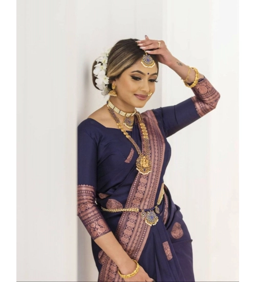 Women's Soft Lichi Silk Printed Saree With Unstitched Blouse 5.5Mtr (Navy Blue)