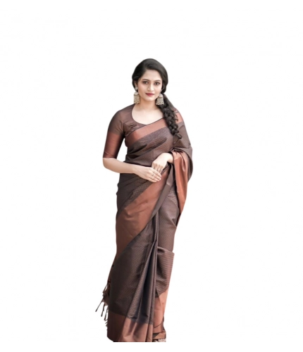 Women's Soft Lichi Silk Printed Saree With Unstitched Blouse 5.5Mtr (Brown)