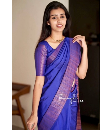 Women's Soft Lichi Silk Solid Saree With Unstitched Blouse 5.5Mtr (Blue)