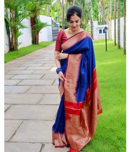 Women's Soft Lichi Silk Solid Saree With Unstitched Blouse 5.5Mtr (Blue)