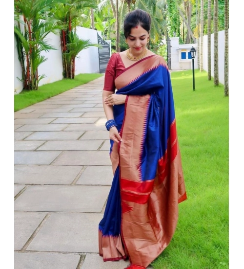 Women's Soft Lichi Silk Solid Saree With Unstitched Blouse 5.5Mtr (Blue)