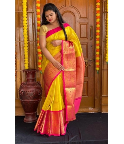 Women's Soft Lichi Silk Printed Saree With Unstitched Blouse 5.5Mtr (Yellow)