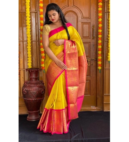 Women's Soft Lichi Silk Printed Saree With Unstitched Blouse 5.5Mtr (Yellow)