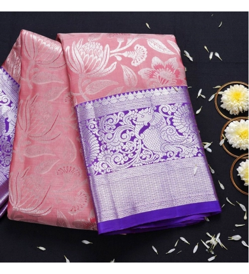 Women's Soft Lichi Silk Printed Saree With Unstitched Blouse 5.5Mtr (Purple)