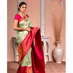 Generic Women's Soft Lichi Silk Printed Saree With Unstitched Blouse 5.5Mtr (Light Green)