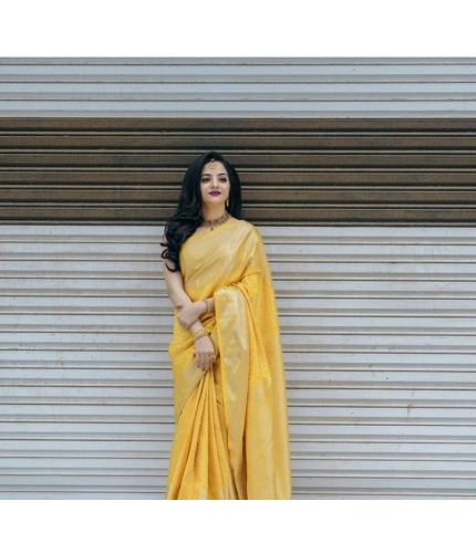 Women's Soft Lichi Silk Printed Saree With Unstitched Blouse 5.5Mtr (Yellow) Women's Soft Lichi Silk Printed Saree With Unstitched Blouse 5.5Mtr (Yellow)