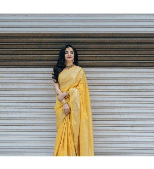 Women's Soft Lichi Silk Printed Saree With Unstitched Blouse 5.5Mtr (Yellow)