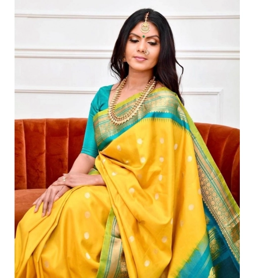 Women's Soft Lichi Silk Printed Saree With Unstitched Blouse 5.5Mtr (Yellow)