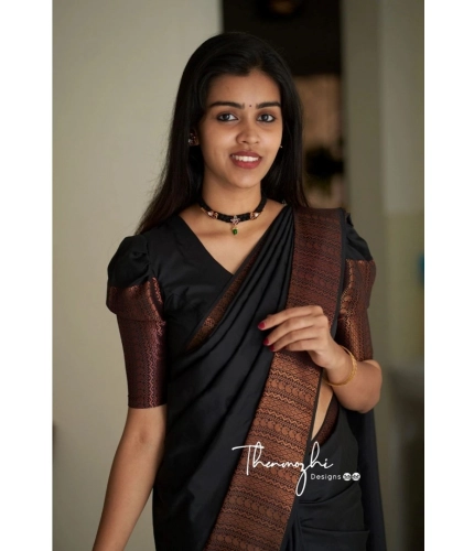 Women's Soft Lichi Silk Solid Saree With Unstitched Blouse 5.5Mtr (Black)