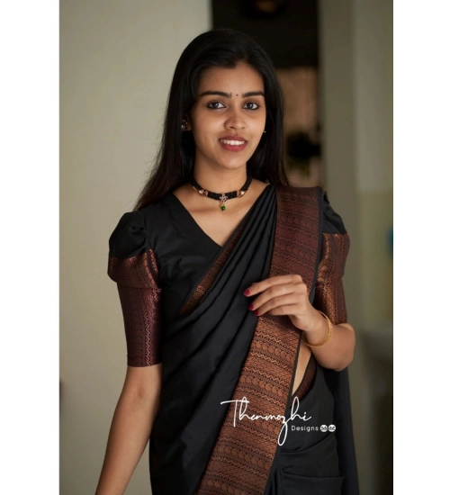 Women's Soft Lichi Silk Solid Saree With Unstitched Blouse 5.5Mtr (Black)