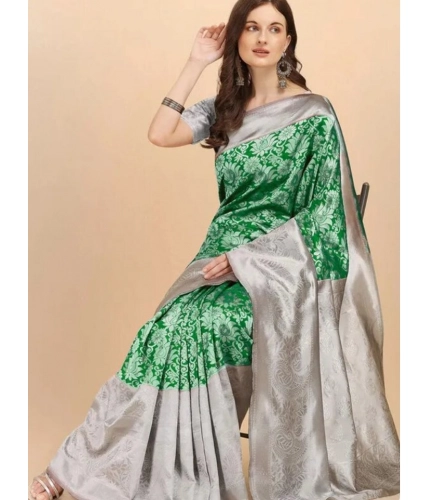 Women's Soft Lichi Silk Printed Saree With Unstitched Blouse 5.5Mtr (Green)
