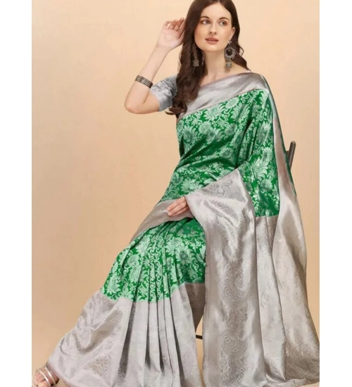 Women's Soft Lichi Silk Printed Saree With Unstitched Blouse 5.5Mtr (Green)