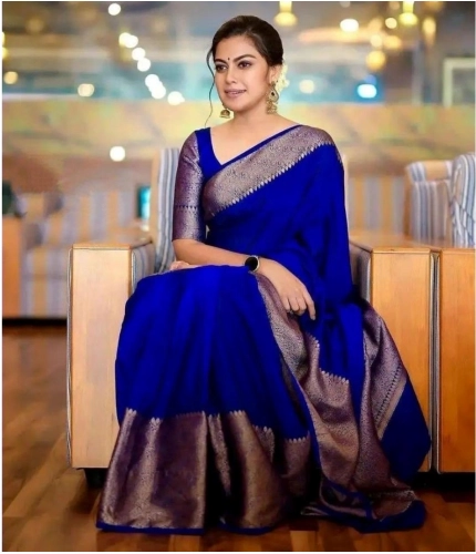 Women's Soft Lichi Silk Solid Saree With Unstitched Blouse 5.5Mtr (Blue) Women's Soft Lichi Silk Solid Saree With Unstitched Blouse 5.5Mtr (Blue)