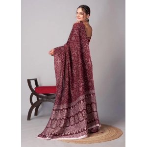 Generic Women's Cotton Ajrakh Printed Saree With Unstitched Blouse 5.5Mtr (Brown)