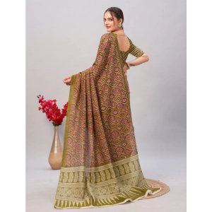 Generic Women's Cotton Ajrakh Printed Saree With Unstitched Blouse 5.5Mtr (Mehendi green)