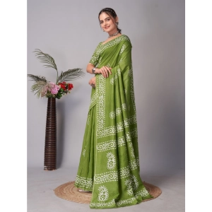 Generic Women's Chanderi Cotton Batik Printed Saree With Unstitched Blouse 5.5Mtr (Green)