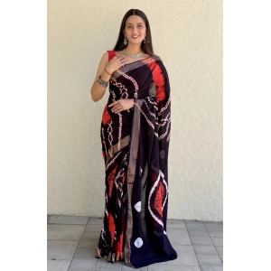 Generic Women's Cotton Shibori Printed Saree With Unstitched Blouse 5.5Mtr (Black)