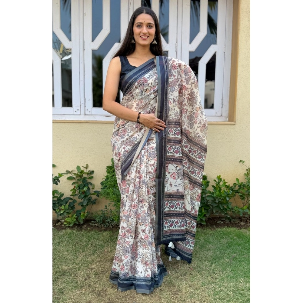Generic Women's Cotton Slub Printed Saree With Unstitched Blouse 5.5Mtr (Grey)