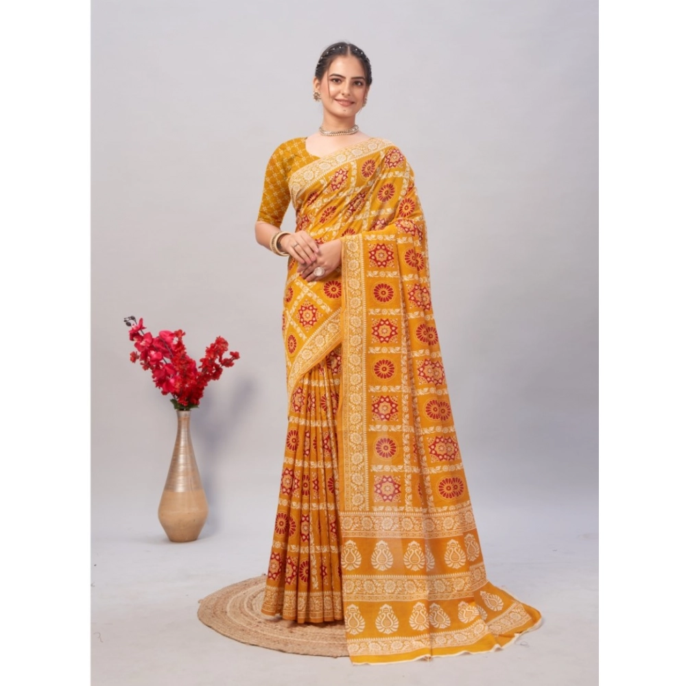 Generic Women's Cotton Ajrakh Printed Saree With Unstitched Blouse 5.5Mtr (Mustard)