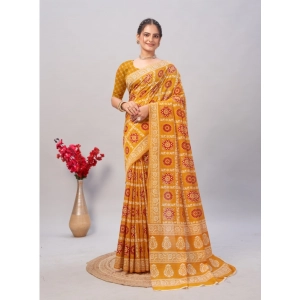 Generic Women's Cotton Ajrakh Printed Saree With Unstitched Blouse 5.5Mtr (Mustard)