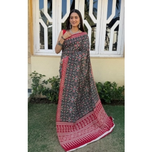 Generic Women's Cotton Ajrakh Printed Saree With Unstitched Blouse 5.5Mtr (Black)