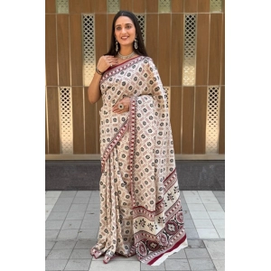 Generic Women's Cotton Ajrakh Printed Saree With Unstitched Blouse 5.5Mtr (Multicolor)